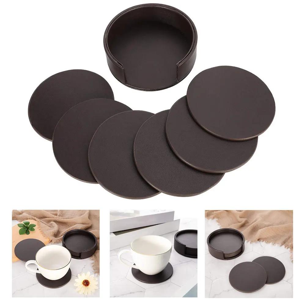 

6PCS Hot Sale PU Leather Drink Coasters Set Coaster Drink Coffee Cup Mat Easy To Clean Placemats Round Tea Pad Table Pad Holder