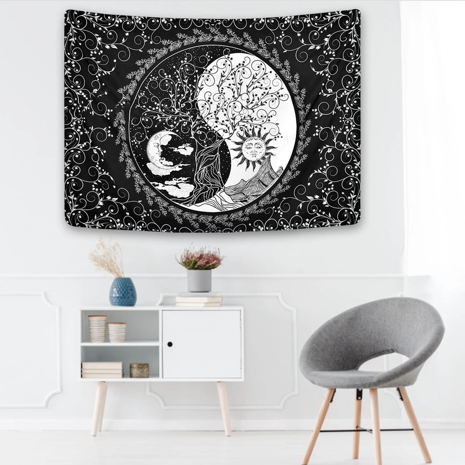 

White Black Sun Moon Mandala Tapestry Wall Hanging Celestial Wall Tapestry Hippie Wall Carpets Dorm Decor Psychedelic Tapestry