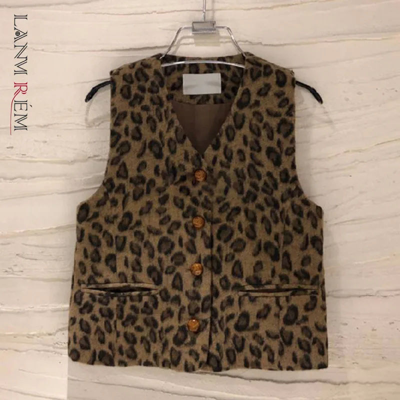 

LANMREM 2021 новый зимний женский леопардовый жилет женский с v-образным вырезом однобортный модный Карманный жилет женский 2J251
