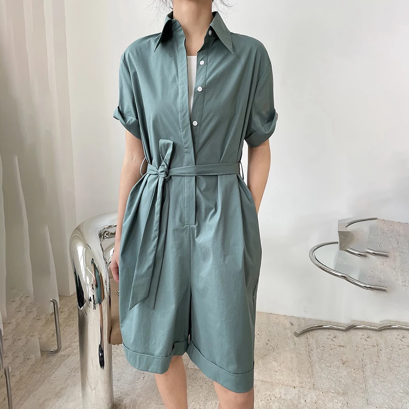 SHENGPALAE простой зеленый комбинезон для женщин Лето 2021 новый отворот свободный