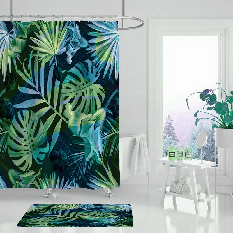 Занавеска с принтом зеленых тропических растений и листьев для ванной душа набор