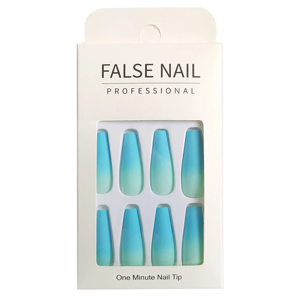 

24pcs Fake Nails With Coffin Designs Artificial Nails Tips Blue Matt gradient Press On Nail False Nails Set Nail Art Tools