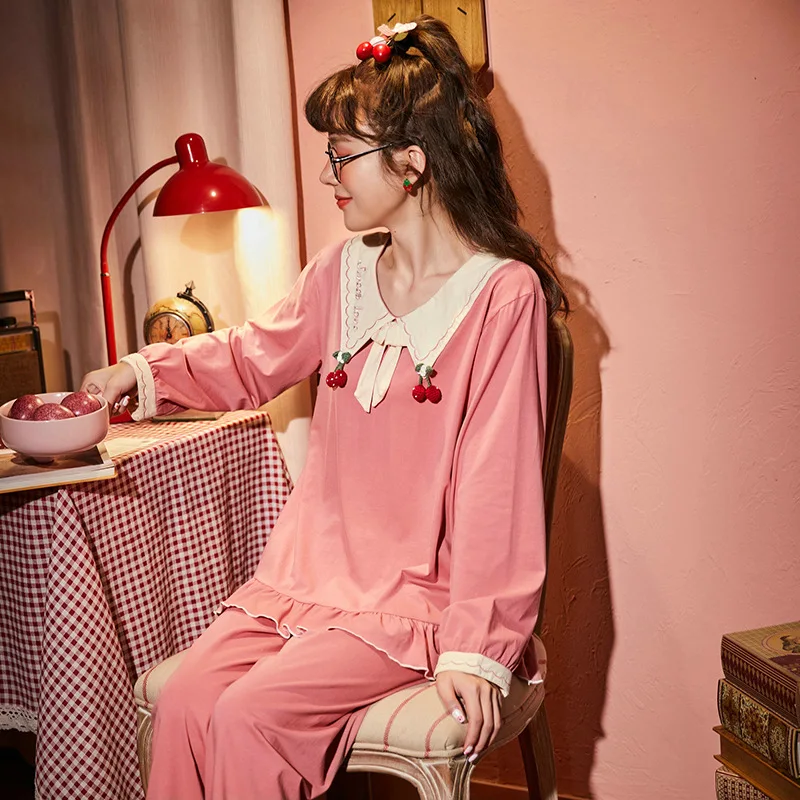 

Young Lady Pink Casual 2PCS Pajamas Suit Cute Cotton Top&Pant Home Clothes Spring Autumn New Sweet Bow Trim Ruffles Nightwear