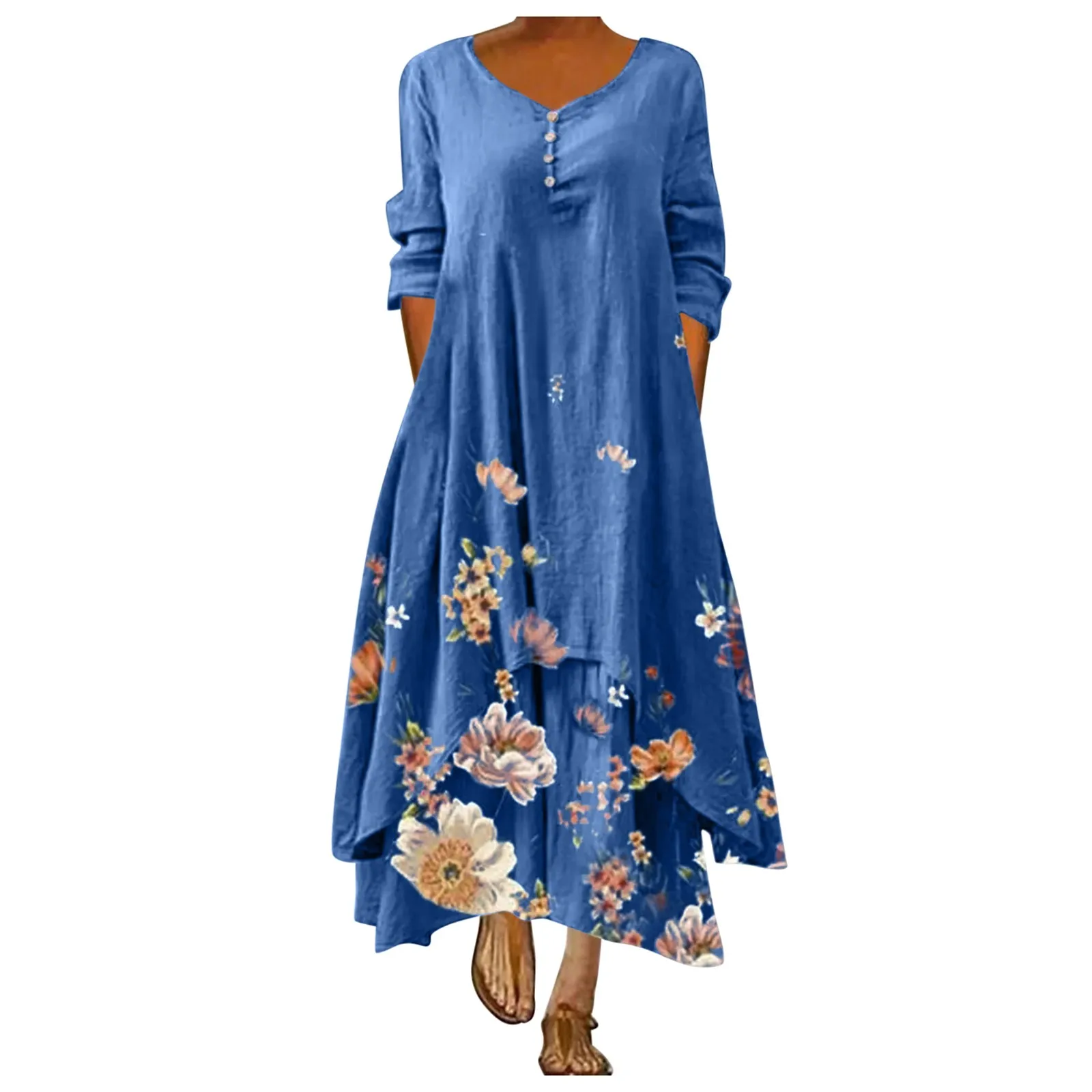 

40# Floral Print Dress Women Plus Size Casual Loose Long Dress O Neck Long Sleeve Irregular Maxi Dress Oversized Pocket Dresses