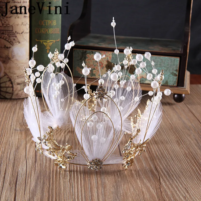 

JaneVini Baroque Gold Crown for Women White Crystal Pearls Metal Headband Bride Wedding Tiaras with Earrings Hair Jewelry 2019