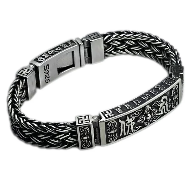 Тяжелый 925 пробы Серебряный Тибетский мантра браслеты для мужчин плетеные шесть