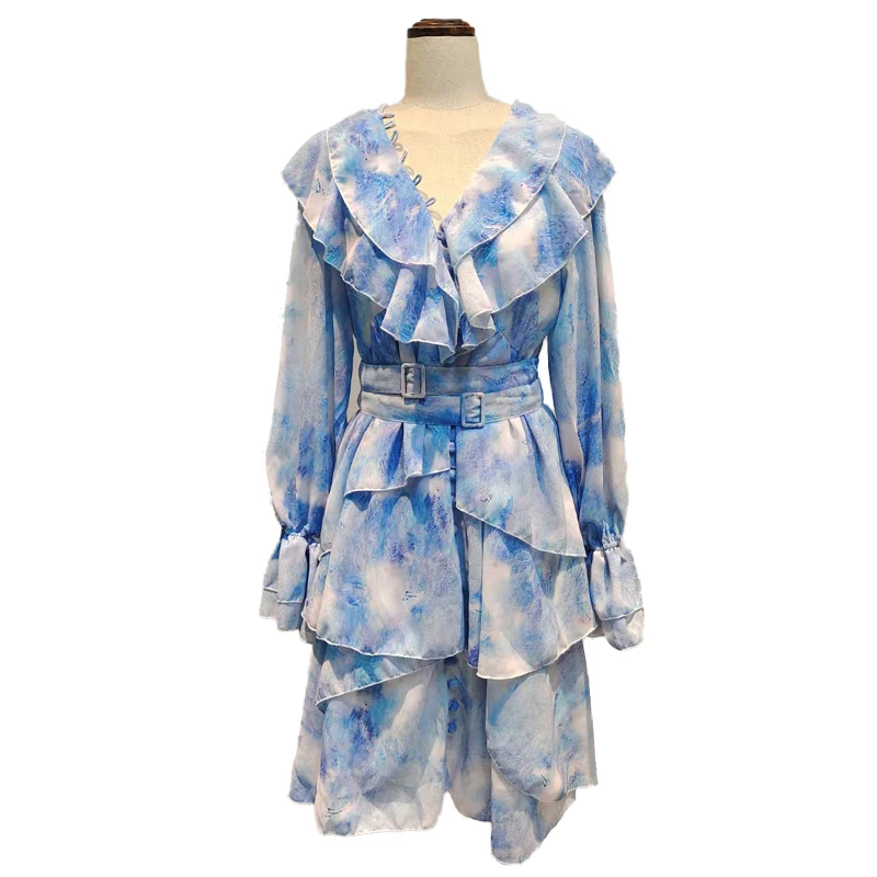 

AELESEEN Sexy Women Summer Dress 2021 Runway Fashion V-Neck Blue Flower Print Ruffles Irregular Mini Dresses