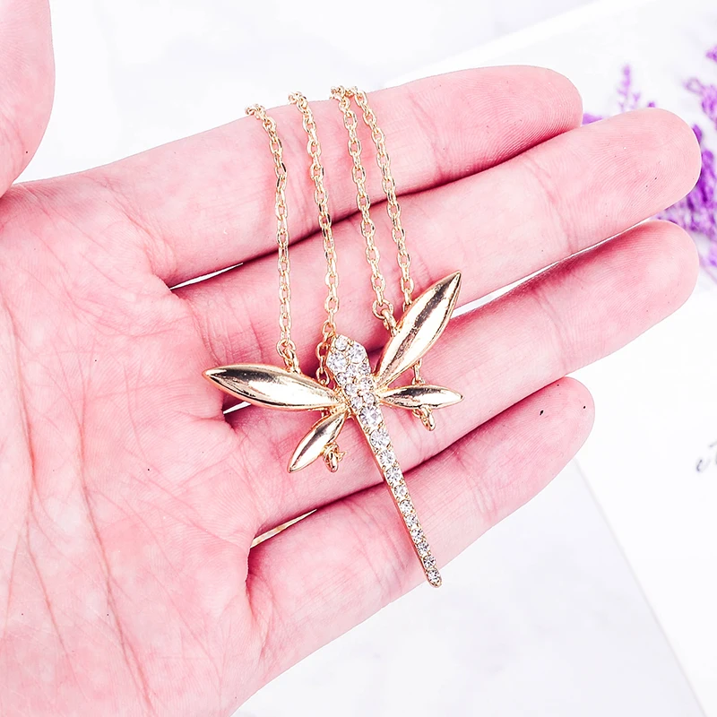 Изысканный кристалл стрекоза насекомое кулон ожерелья для женщин Подарки розовое золото цвет модные ювелирные изделия