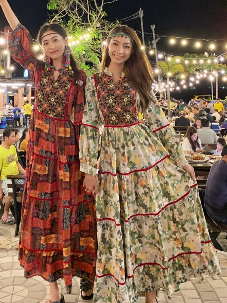 

Thai National Style Retro Embroidery Temperament Show Thin Holiday Style Skirt Dress Summer Bohemian Beach Print Long Dress
