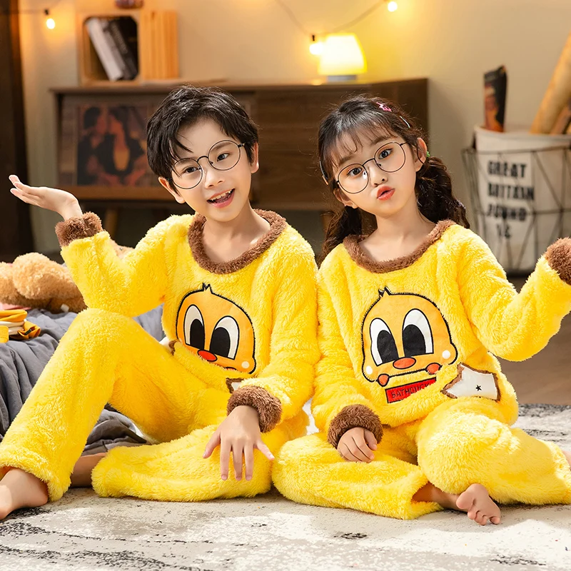 

New Kids Boys Girls Winter Plush Warm Flannel Pajama Sets Animal Cartoon Bear Long sleeve Tops with Pants Sleeping Clothing Sets