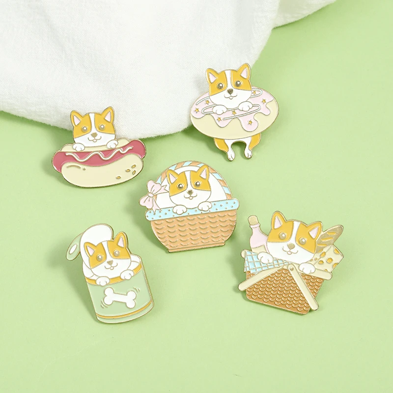 

My Puppy Enamel Pin Picnic Basket Hot Dog Donuts Can Brooches Bag Lapel Pin Cartoon Pup Badge Jewelry Gift for Kids Friends