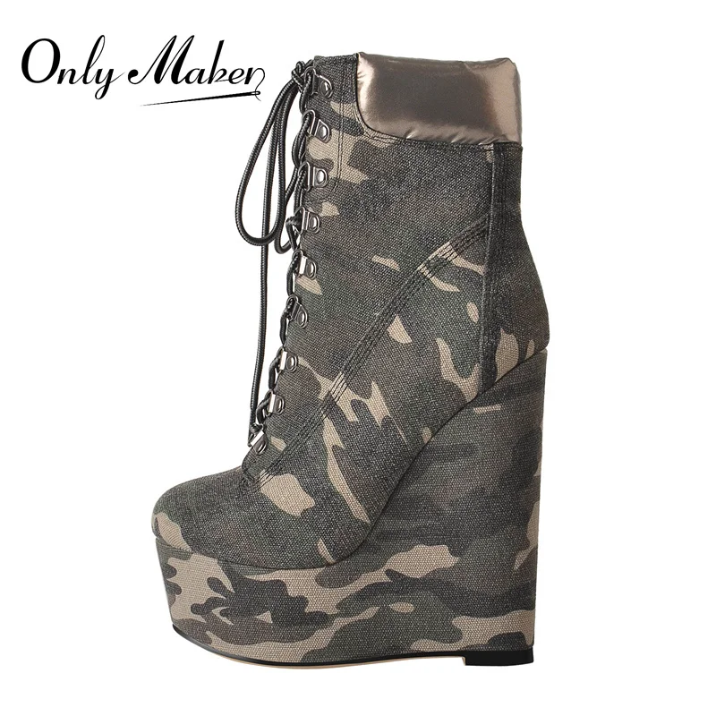 

Onlymaker Winter Women's Lace-Up Ankle Boots Platform Black Flock Camouflage Wedges Heel Booties Comfortable Concise Big Size