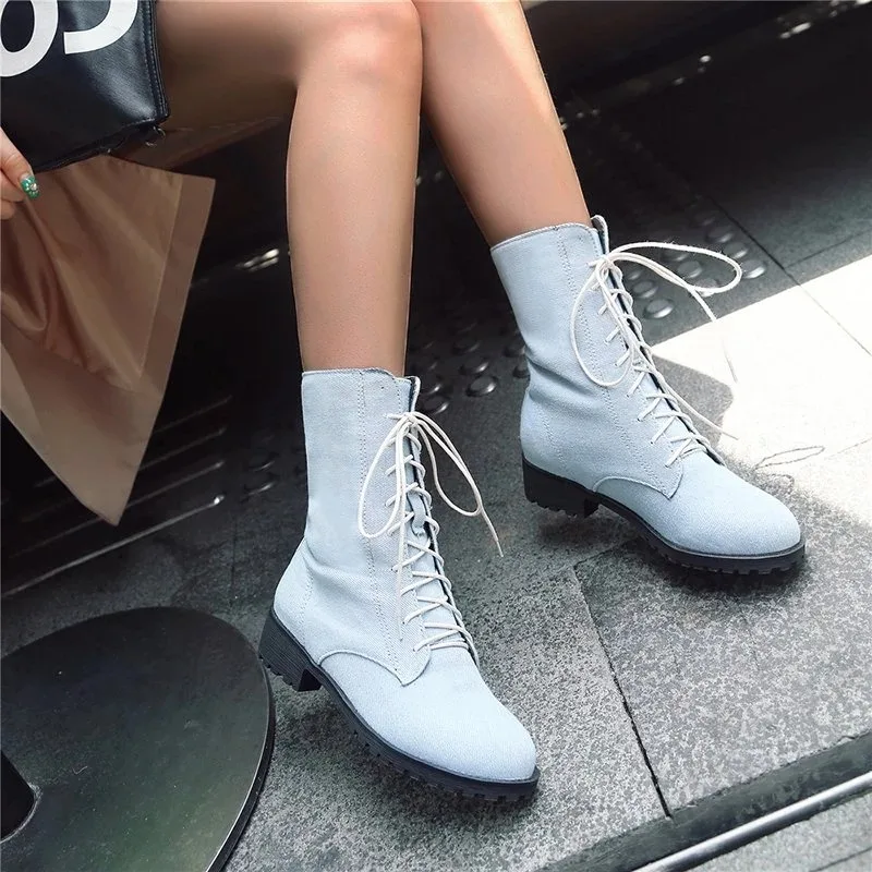 Женские ботильоны на шнуровке английские длинные джинсовые ботинки