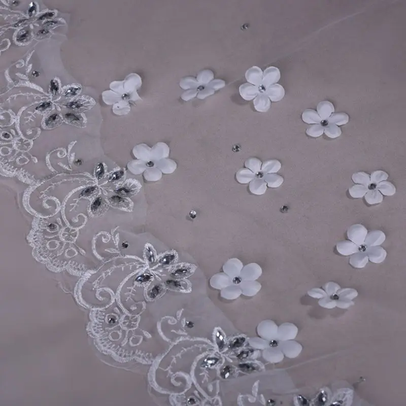 

1.5M/3M Korean Style Single Layer Womens Faux Crystal Petals Decor Wedding Veil Floral Lace Scalloped Trim Trailing Bridal