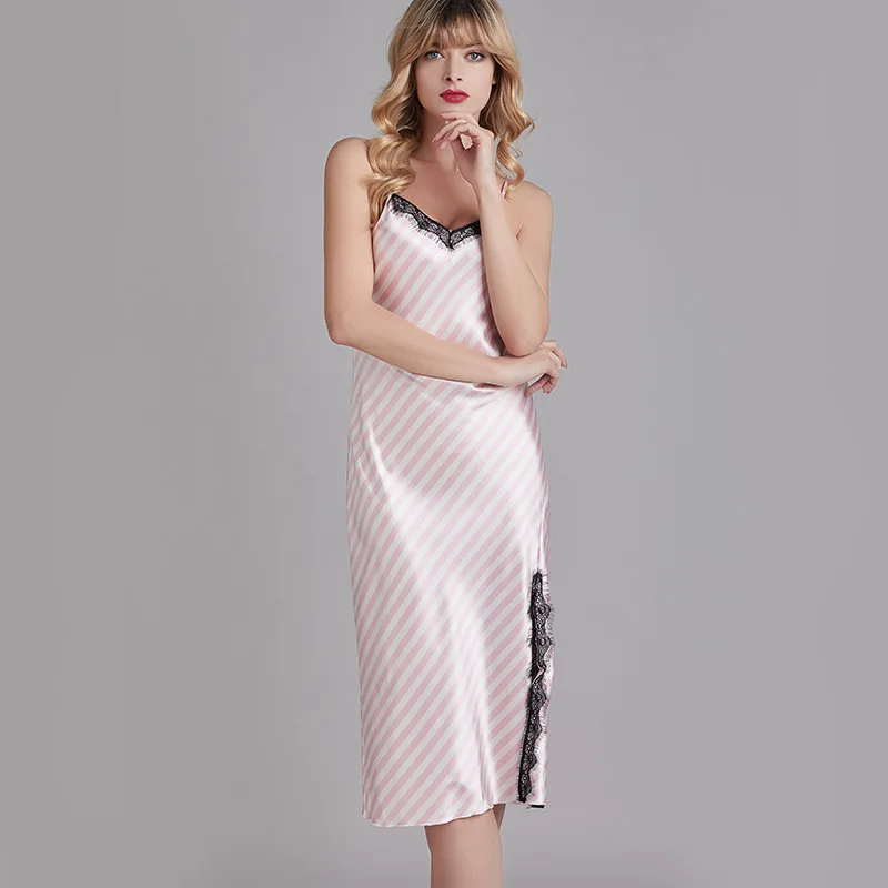 Женская ночная сорочка Розовая Атласная Ночная в полоску сексуальное кружевное