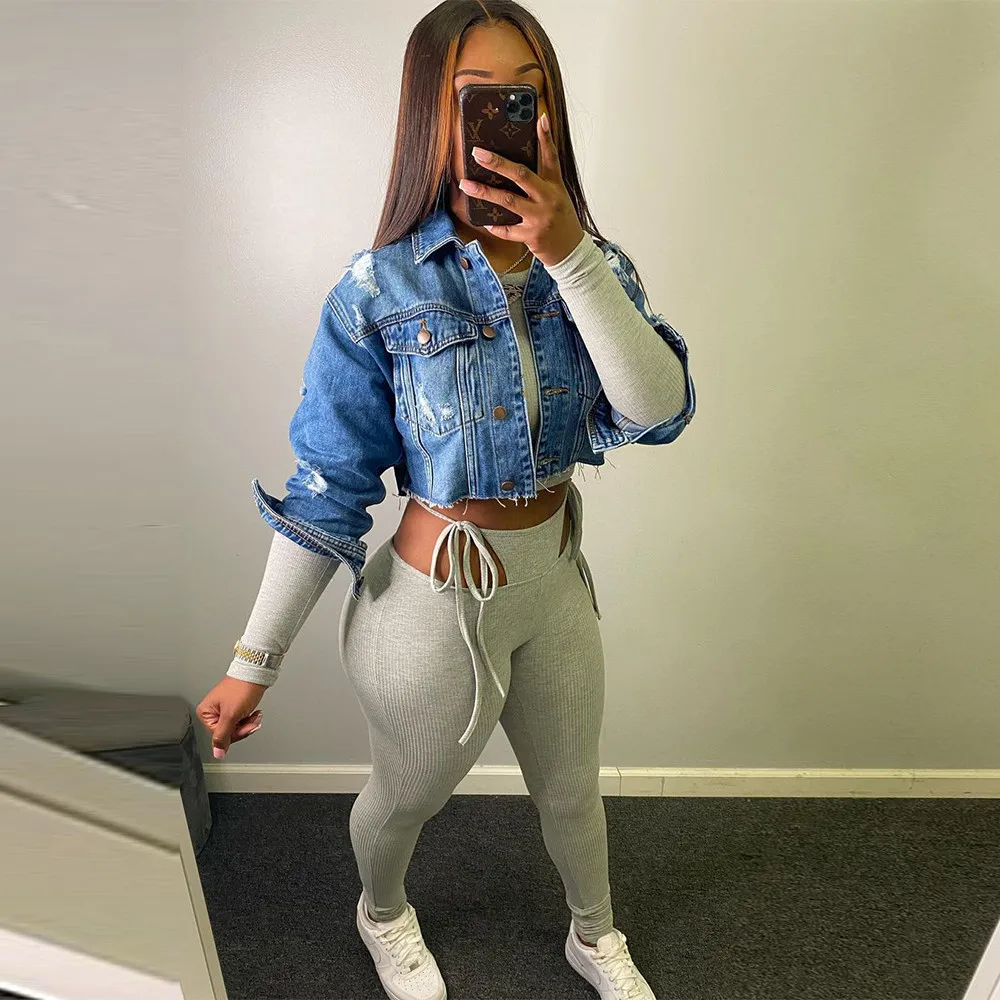 

Simple Casual Jean Jacket Women Clothes Loungeweard Denim Coat Korean Coats Spring Autumn Turn Down Collar Long Sleeve Outwears