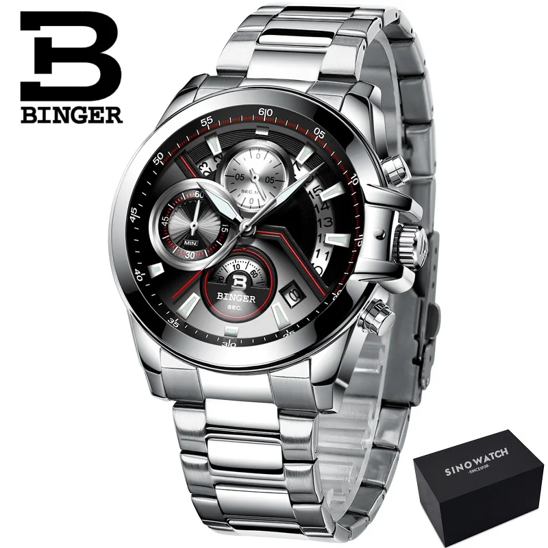 SSBR--Gift box BINGER роскошные часы с автоматической датой, мужские водонепроницаемые стальные мужские часы, модные модельные деловые дизайнерские кварцевые часы с кожаным победителем - Цвет: SSBR--Gift box