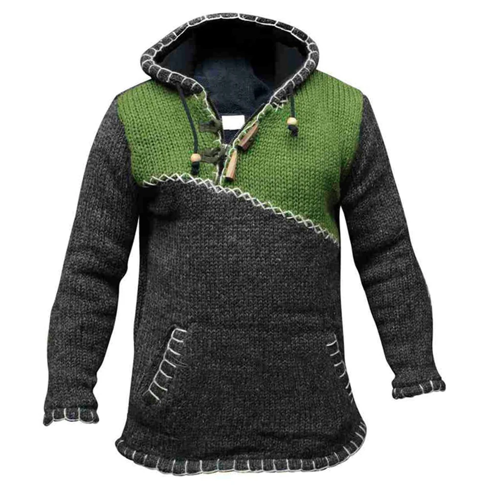 

Men Sweater Drawstring Long Sleeve High Neck Pullover Casual Male Winter Warm Zipper Patchwork Hoodies Knitted Tops