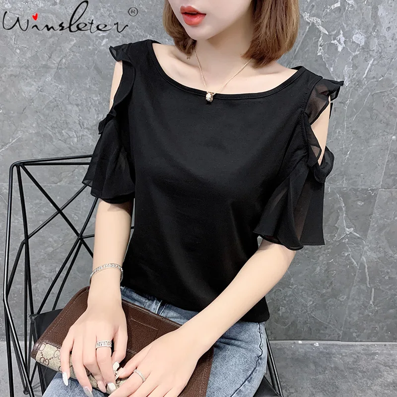 

Летняя европейская одежда, хлопковая Футболка для девочек, модные сексуальные женские топы с открытыми плечами и оборками, свободные футбо...