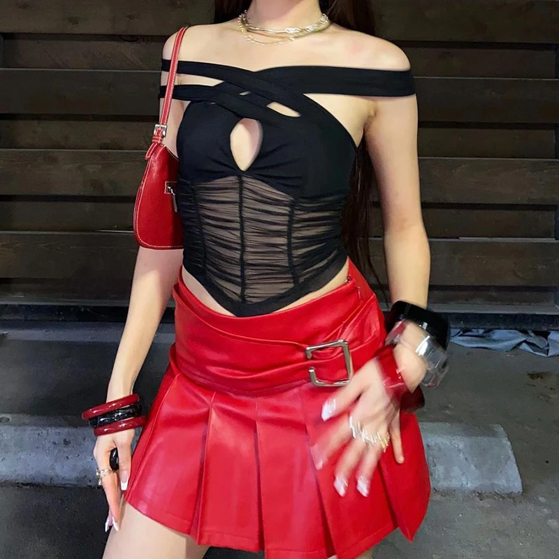 Юбка женская плиссированная из искусственной кожи с завышенной талией Y2K - купить