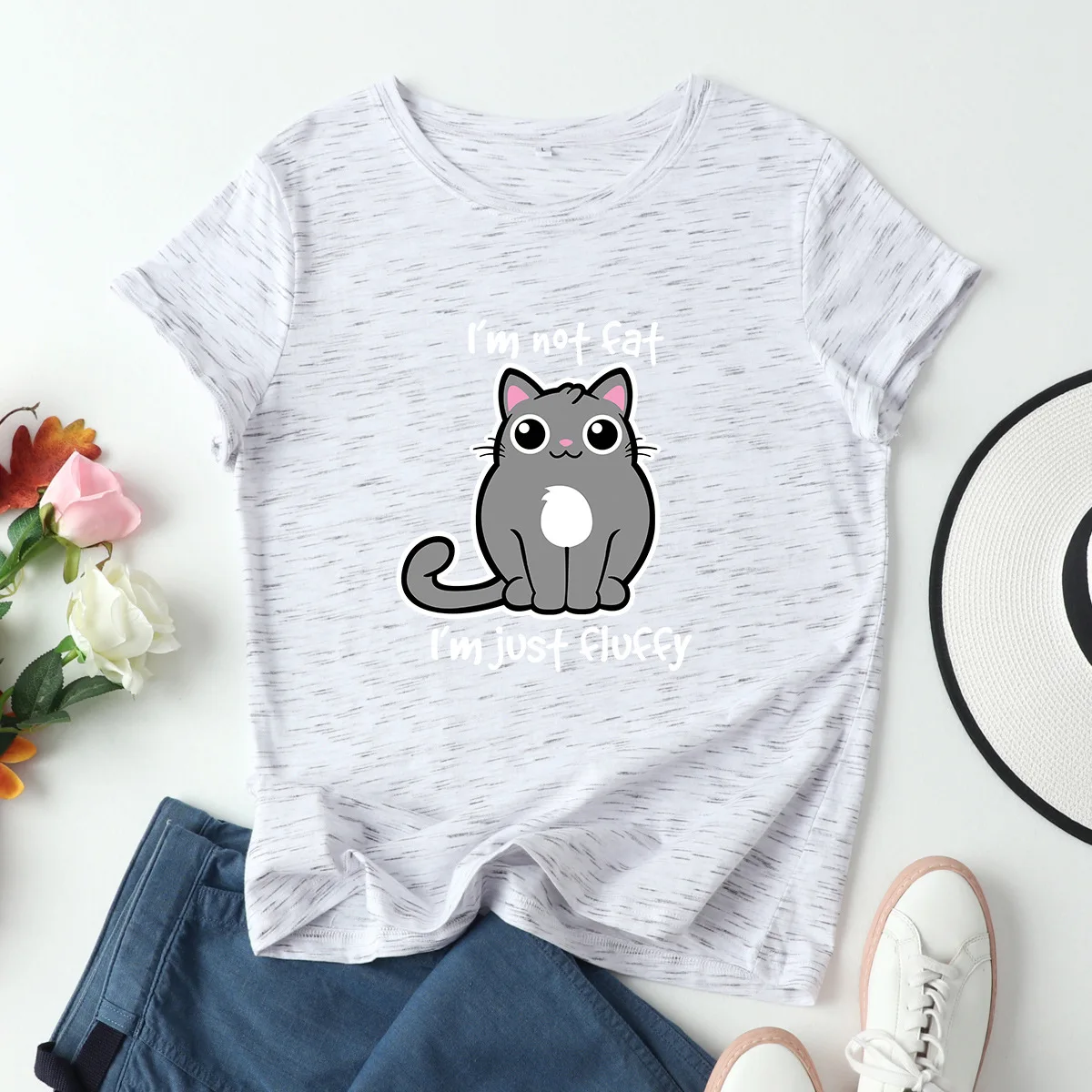 

100% Cotton Womens Short Sleeve T-Shirt I'm Not Fat Cute Kitten Cat Graphic Tees Kawaii Harajuku O Neck Tshirts Tops Female