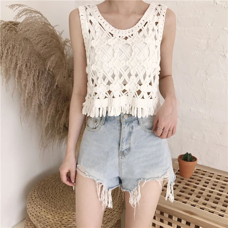 Возможно u образная белая бежевая ткань открытая майка с кисточками без рукавов