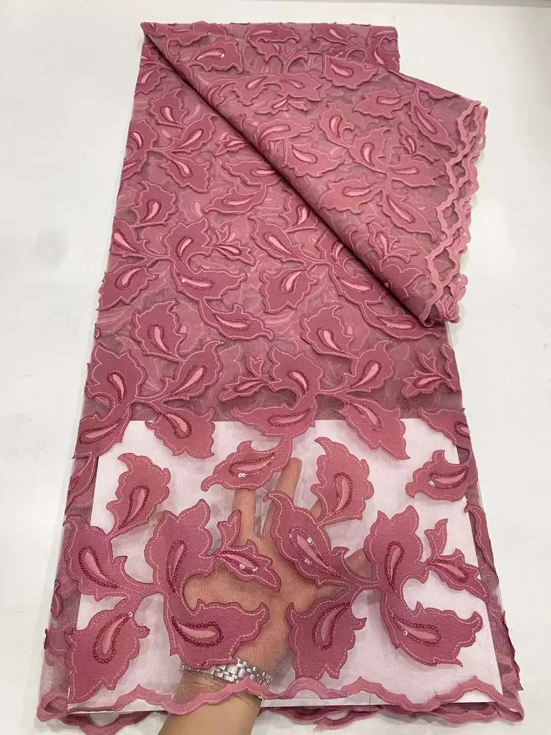 

African Lace Fabric 2021 High Quality Nigerian Sequins Lace Fabric Guipure Cord Lace French Net Lace For Wedding DPJ1-7