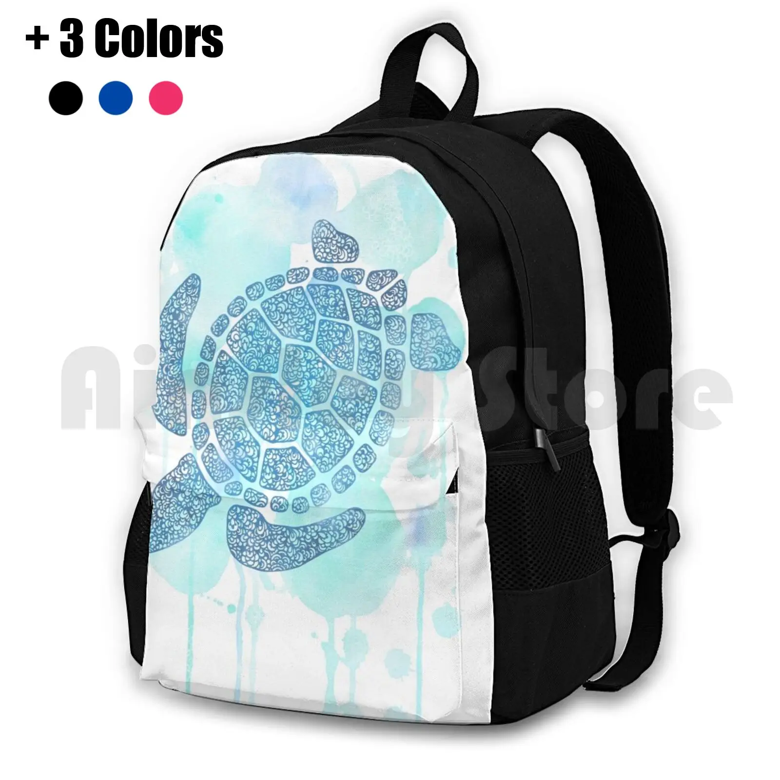 

Blue Turtle Outdoor Hiking Backpack Riding Climbing Sports Bag Doodle Doodling Turtle Watercolor Watercolour Ocean Sea Water