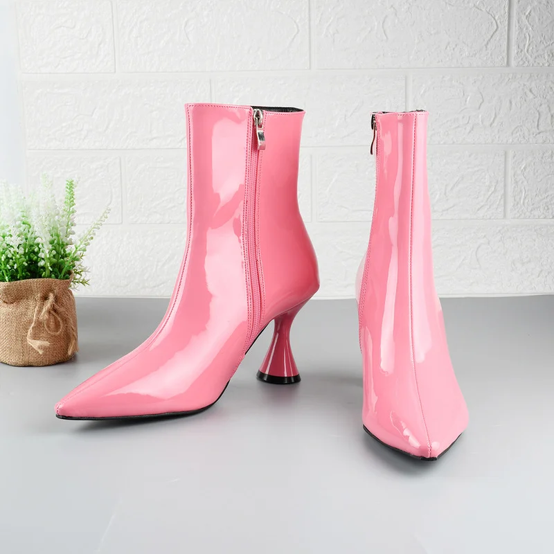 

Fashion Ankle Boots Candy Color Patent Leather Women Shoes Pointed Toe High Thin Heel Zip Rubber Sole Party Dress Winter Modern