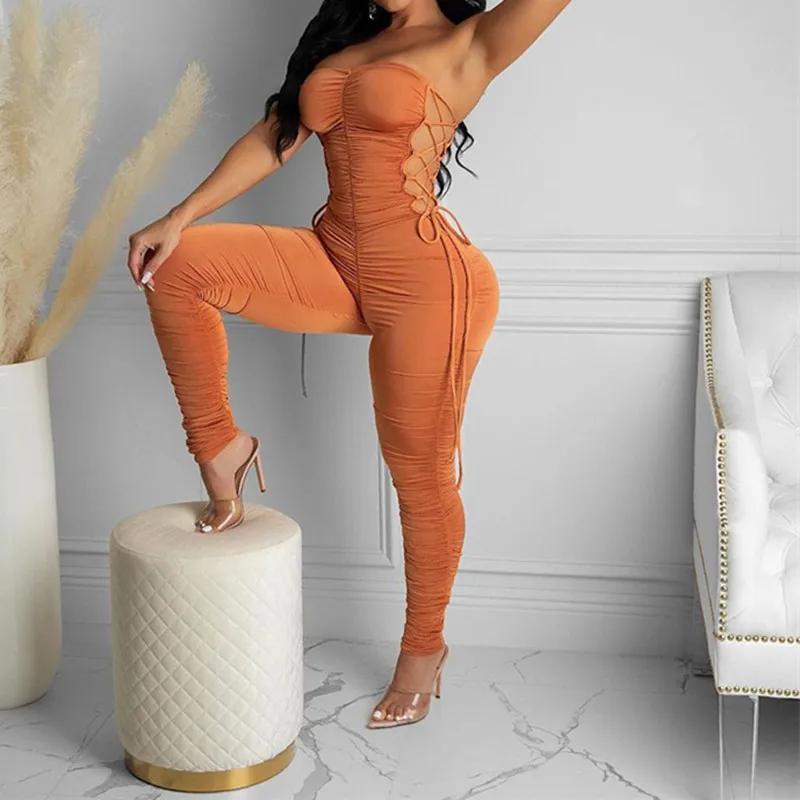 

Women Autumn Winter Strapless Hollow Out Bodycon Soild Color Jumpsuit Romper Playsuit 2021 Fall Clothes Streetwear