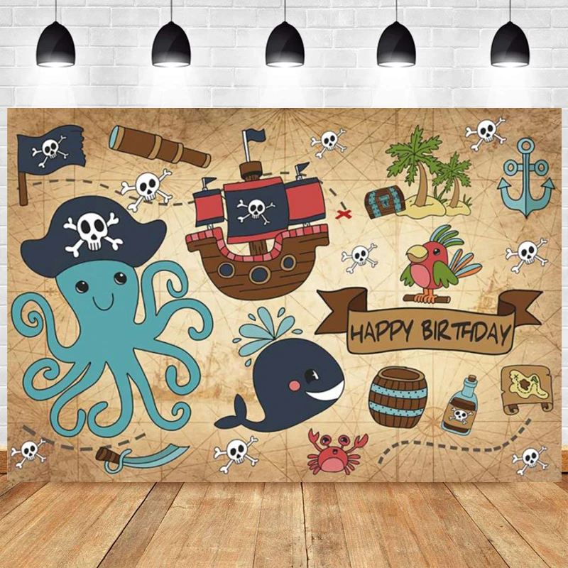 Pirate Photo Backdrop Boys Happy Birthday Party World Treasure Map Octopus Decoration Travel Photography Backgrounds Banner