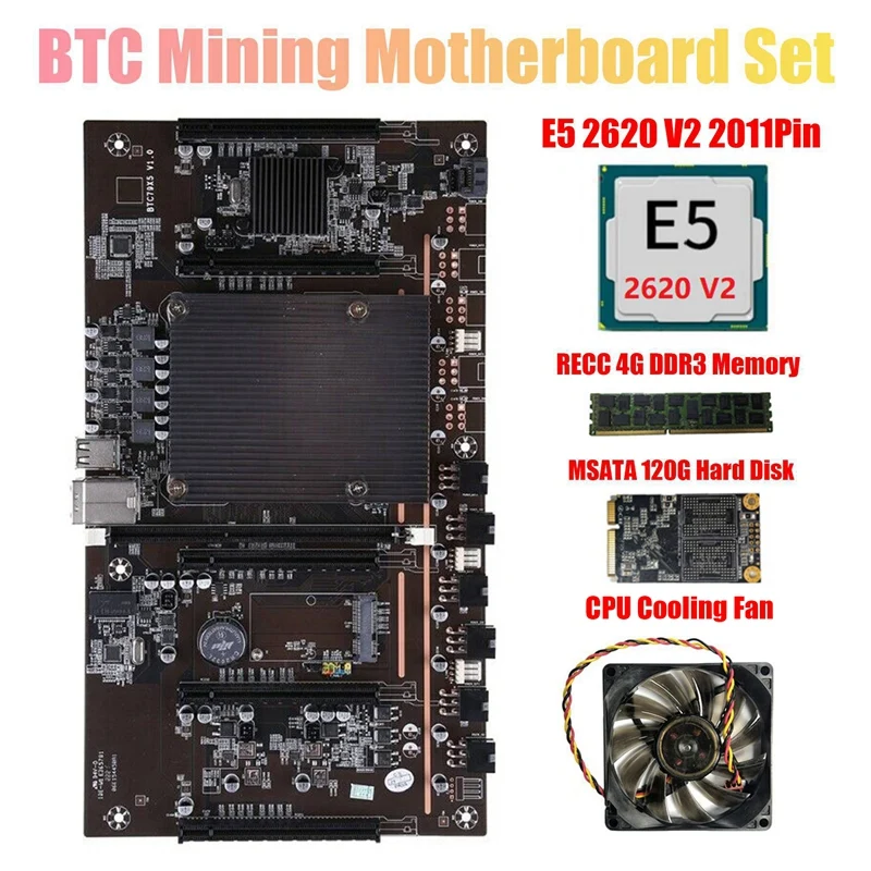 

Материнская плата X79 H61 BTC для майнинга, 5X PCI-E поддержка 3060 3070 3080 GPU с процессором E5 2620 V2 RECC 4 ГБ DDR3 ПАМЯТЬ 120G SSD + вентилятор