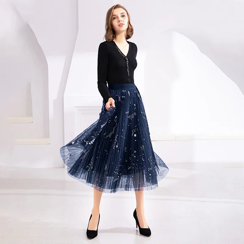 

Женская вышитая Тюлевая юбка, винтажная полупрозрачная плиссированная длинная юбка из ткани с высокой талией, 2020