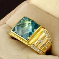 mens business style gold plated color green cubic zircon crystal rhinestone male metal ring for party wedding jewelry