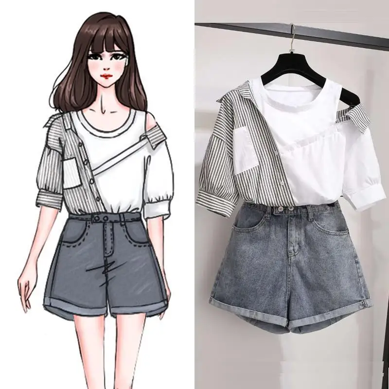 

2021 Summer Korean Two Pieces Set Women Striped Patchwork Off Shoulder Tops Blouse and Blue Denim Shorts Sets Women Suits Q425
