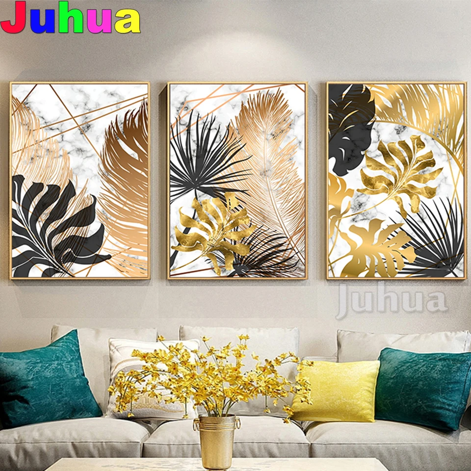 

Алмазная живопись «сделай сам», картина с золотыми листьями, полная квадратная, круглая, 5D Бриллиантовая зеркальная вышивка, домашний декор