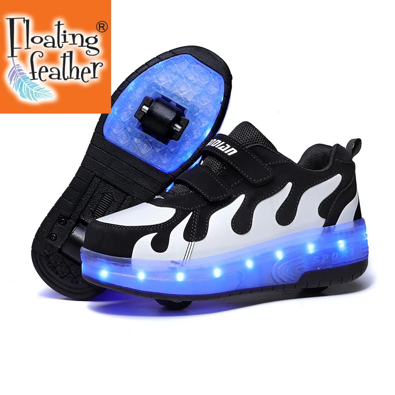 2021 New Glowing Sneakers on Wheels USB Charging Luminous Shoes Wheels LED Flashing Double Wheels Roller Skates Size 28-40