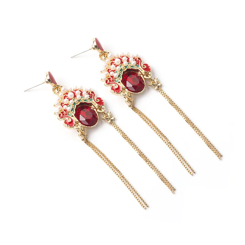 

Chinese style Peking Opera mask tassel earrings Ethnic style crystal zircon mask knife horse dan earrings