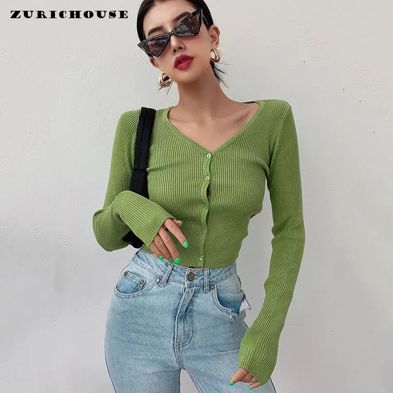 

ZURICHOUSE 2021 Women's Knitted Cardigan Outwear Fashion V-neck Single-breasted Slim Long Sleeve High Waist Cropped Spring Coat