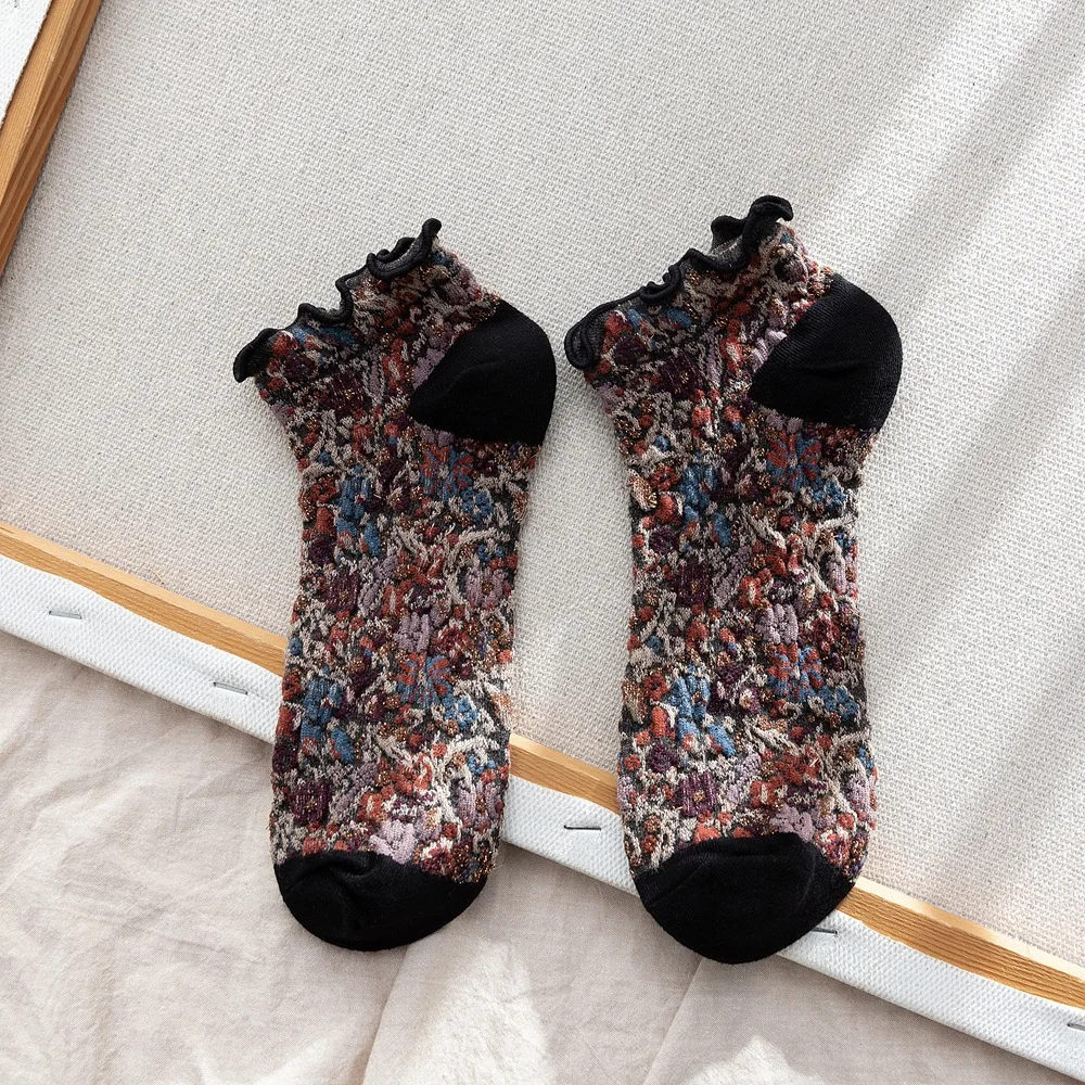 

10pairs/lot Spring Summer Retro Ethnic Wind Wood Ear Floral Cotton Women's Invisible Boat Socks Ankle Woman Cute Lace Palace