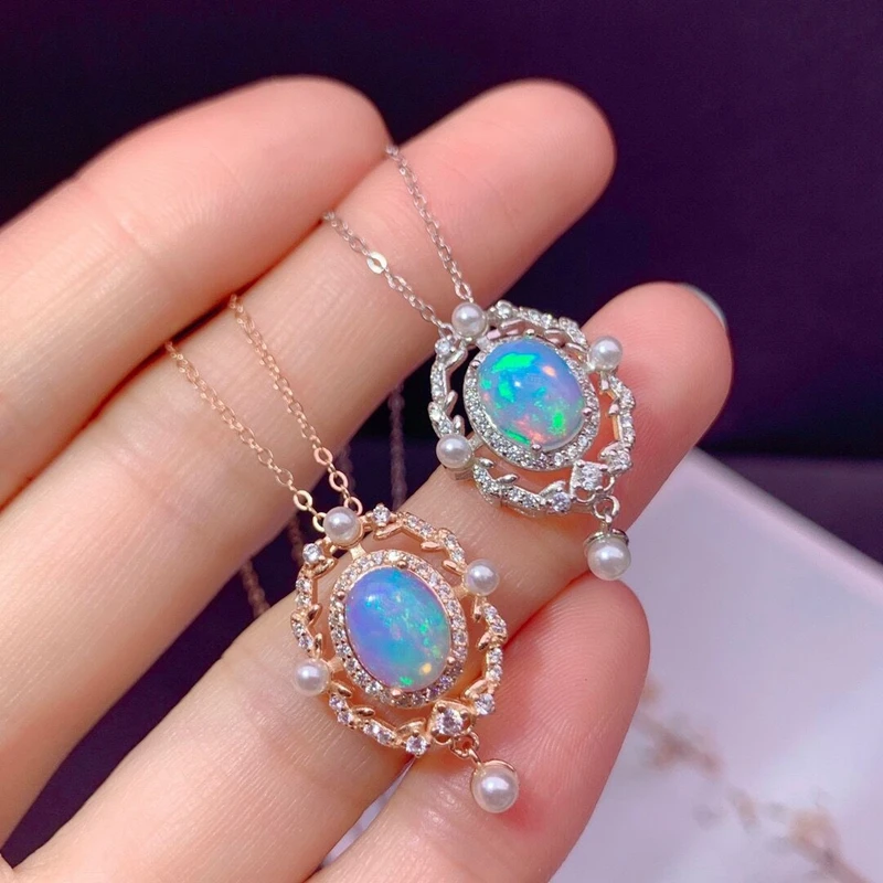 

LeeChee Opal Pendant for Women Anniversary Gift 7*9MM Genuine White Opal Gemstone Necklace Fine Jewelry Real 925 Sterling Silver