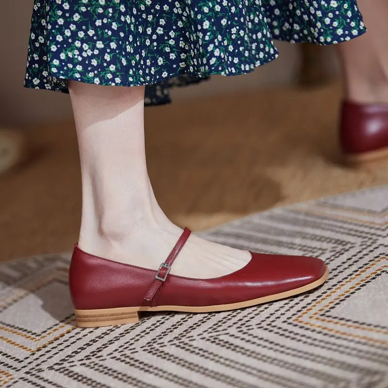 

MORAZORA 2021 New Genuine Leather Shoes Women Flats Mary Janes Square Toe Flat Shoes Nude Color Fashion Summer Ladies Shoes
