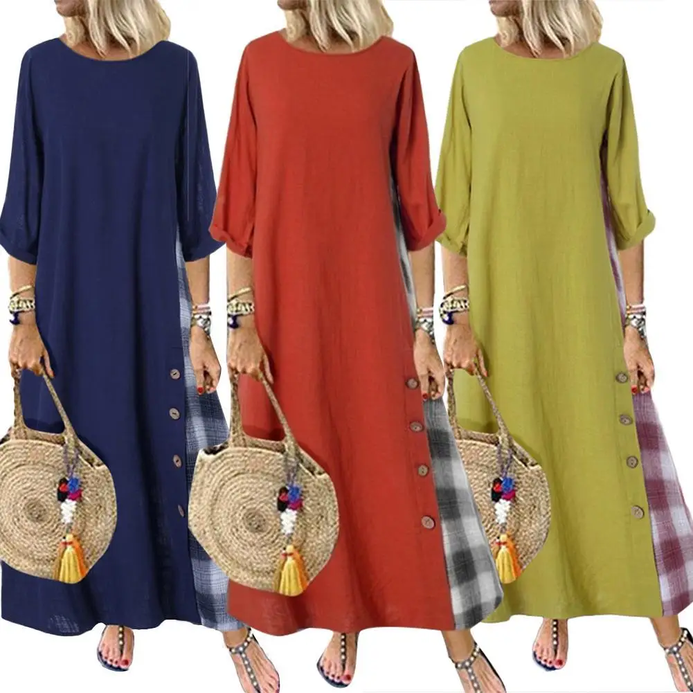 

Hot Sales!!! Casual Plaid Patchwork Buttons O-Neck Half Sleeve Kaftan Women Loose Maxi Dress