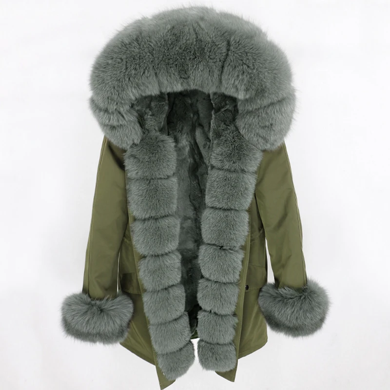 OFTBUY, водонепроницаемая парка, натуральное меховое пальто, зимняя куртка для женщин, воротник из натурального меха енота, капюшон, подкладка из натурального кроличьего меха, съемная - Цвет: green light green