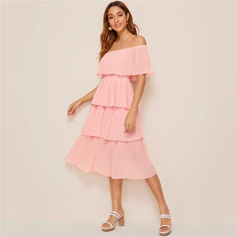 SHEIN Стильное Платье Со Складками И Открытыми Плечами Женские Летние Длинные Платья Без Рукавов