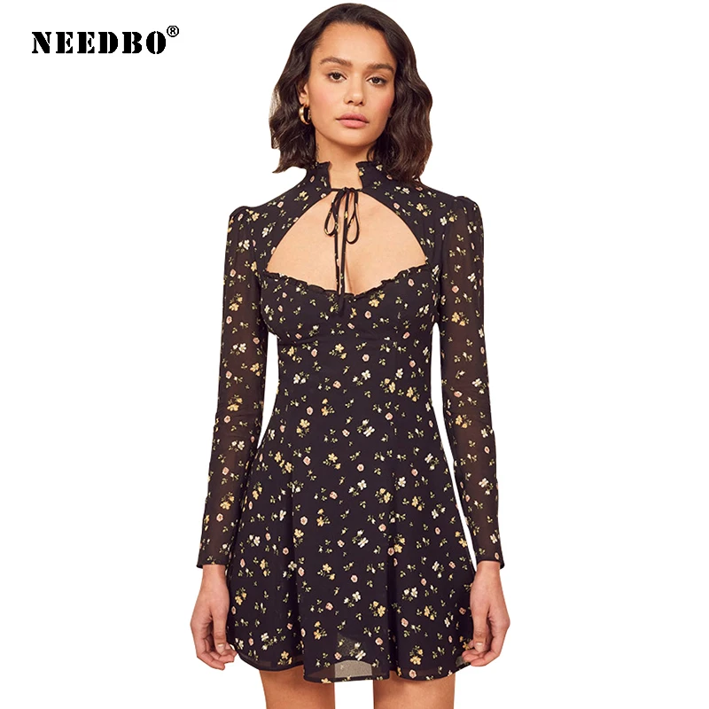 

New Women's Dress Nightclub Retro Floral Sexy Long Sleeve Dress Ruffled Bandage Ladies Streetwear Hollow Out Party Dresses 2021