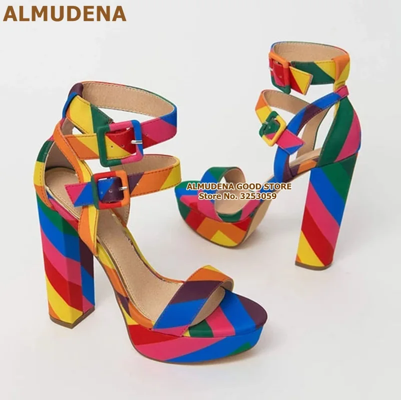 ALMUDENA Rainbow Strap Chunky Heel Sandals Multi-color Patchwork Platform Shoes Double Square Buckle Strap Banquet Shoes Pumps
