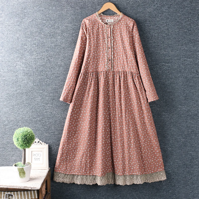 

2021 New Spring Women Dress Japan Style Mori Girl O-Neck Print Cotton linen Loose Long Sleeve Dresses