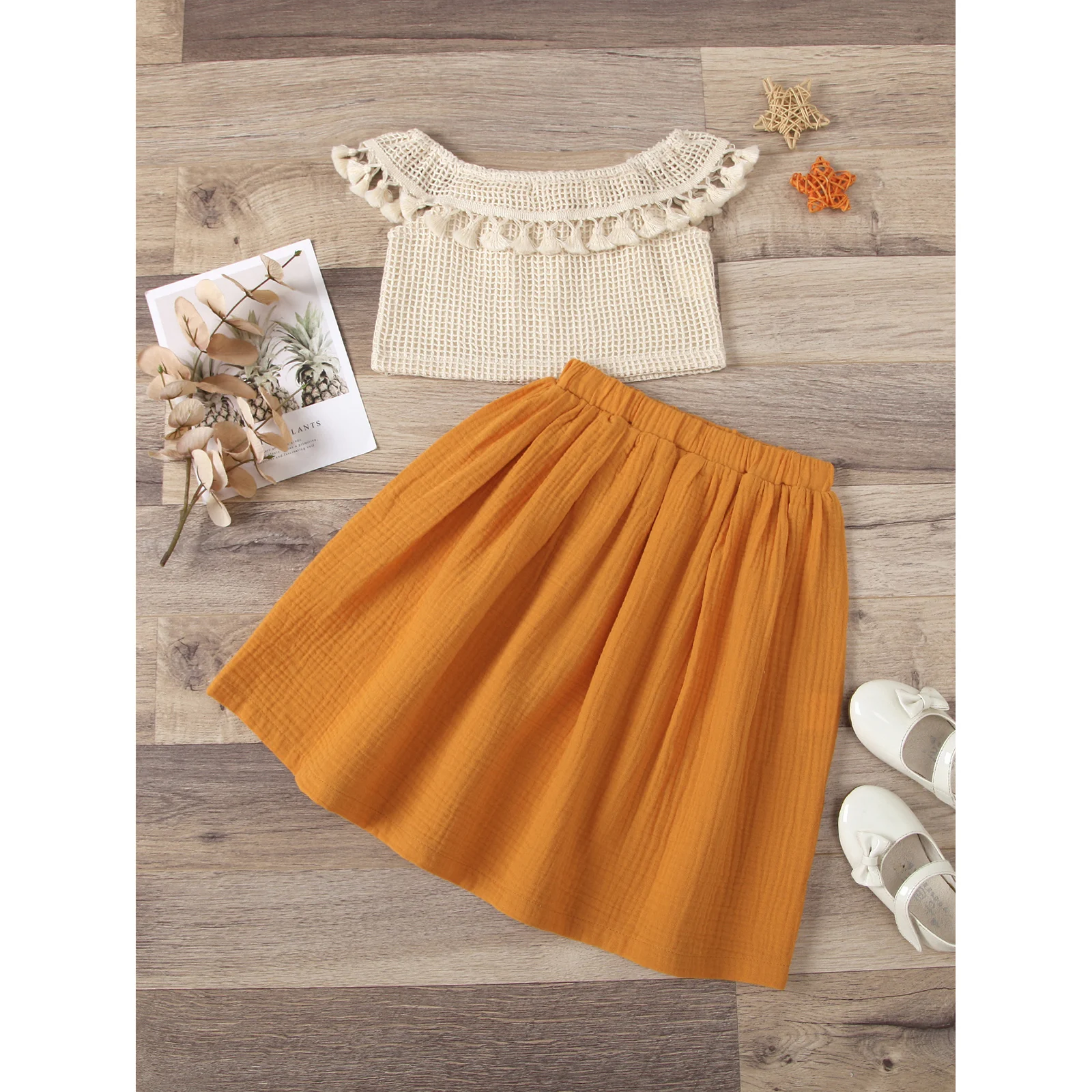 

Girl's Clothing Set, Fringed Ruffle Grid Tops and Skirt Two-piece Suit for Vacation Birthday Party