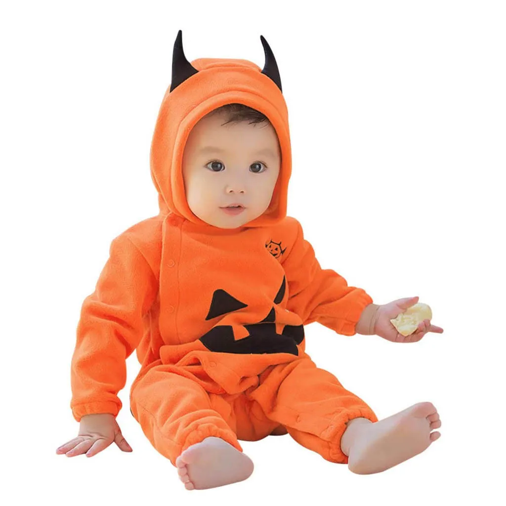 

New Halloween Long Sleeve Hoodie Romper Newborn Baby Girls Boys Hooded Pumpkin Print Jumpsuit Outfits одежда для новорождëных Y4